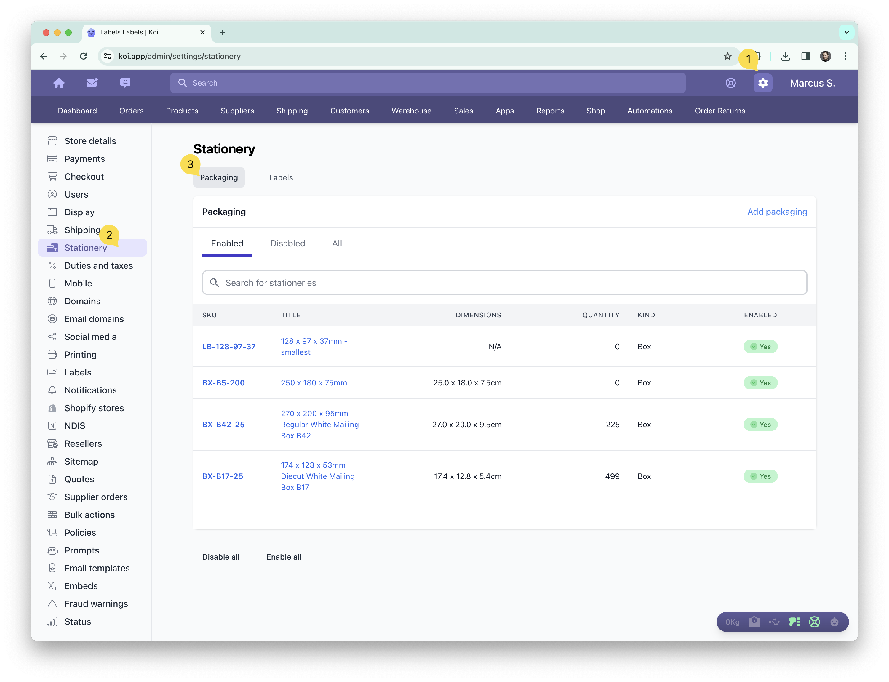 Screenshot of Packaging section of the settings